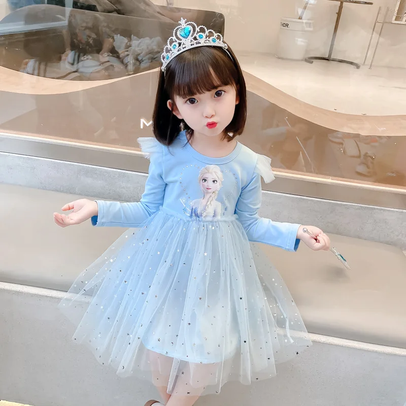 

2024 New Disney Princess Dress Baby Girls Dress Kids Dress Gauze Party Long-sleeved For Children's Frozen Elsa Anna Formal Dress