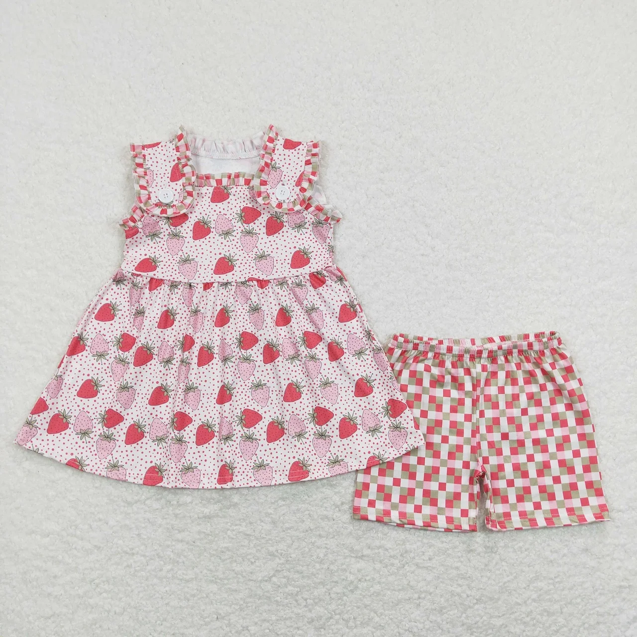 

Wholesale Baby Girl Summer Sleeveless Strawberry Tunic Kids Children Colorful Plaid Shorts Toddler Outfit Infant Set Clothing