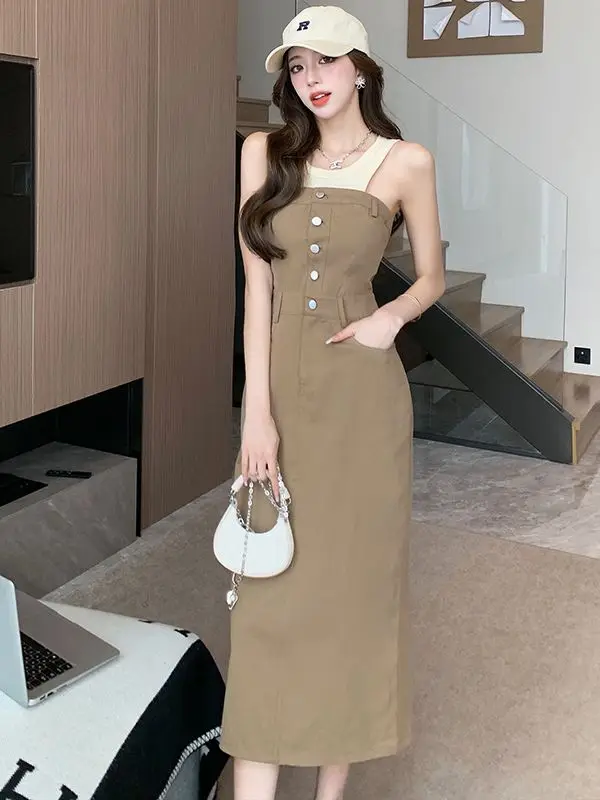 Женский Повседневный костюм из двух предметов, футболка без рукавов и длинное однобортное платье без бретелек в Корейском стиле, лето
Женский Повседневный костюм из двух предметов, футболка без рукавов и длинное однобортное платье без бретелек в Корейском стиле, лето