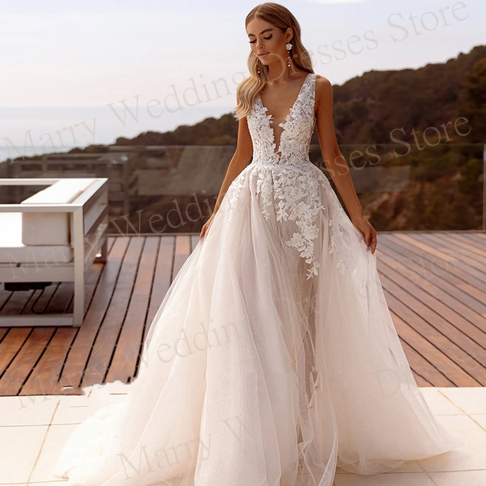 

2024 Graceful Exquisite A Line Women's Wedding Dresses Sexy V Neck Lace Appliques Bride Gowns Side High Split Vestidos De Novia