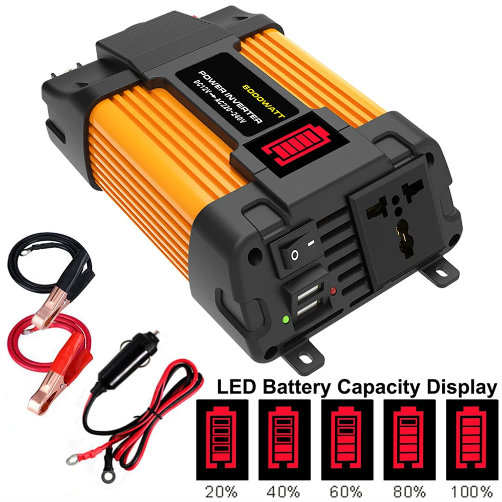 

Any 12V Power Output Vehicle. Battery Clip Car Power Inverter 6000W Peaks Power LED Bettery Dispaly Lightweight Design