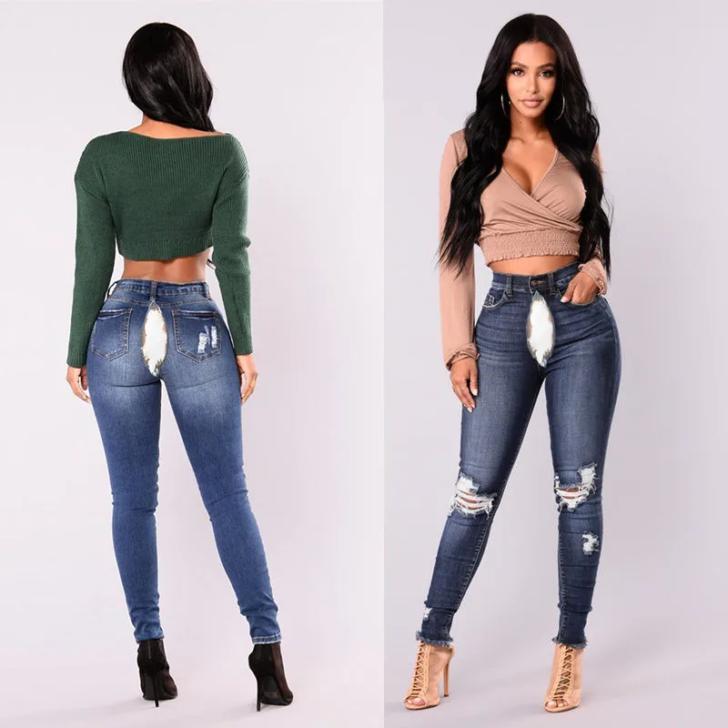 

Women's High Waisted Skinny Destroyed Ripped Hole Denim Pants Long Stretch Pencil Jeans Invisible Open-crotch Pants Outdoor Sex