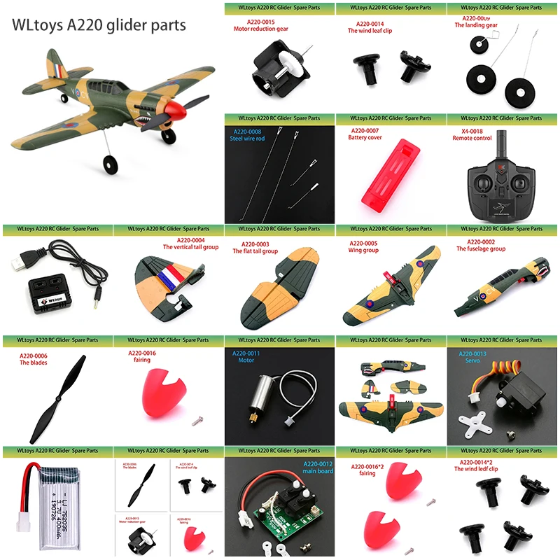 

Commonly Used RC Glider Spare Parts WLtoys A220 P40 Remote Control Propeller Motor Motherboard Steering Engine Fan Blade Frame