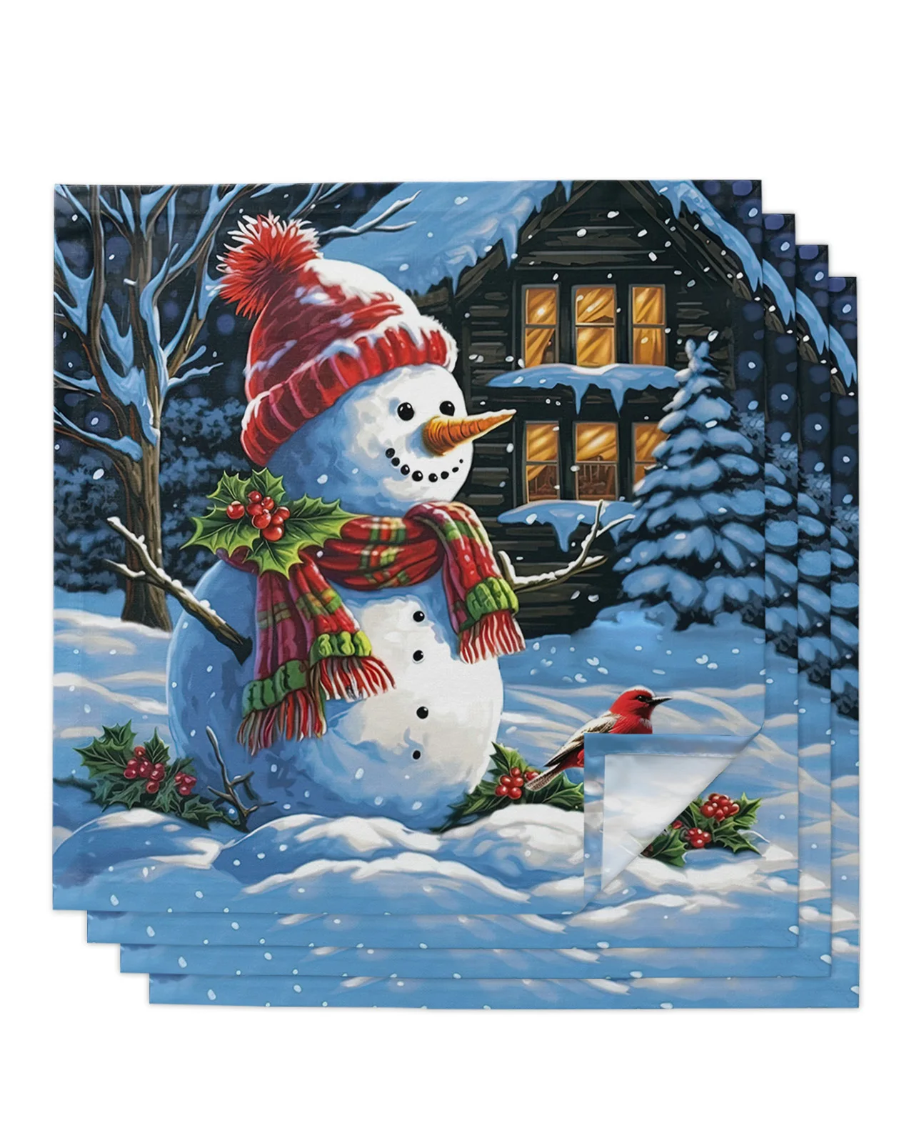 

Рождественский снеговик, птица, Ягодный домик, настольное оформление, носовой платок, свадебная салфетка для вечеринки, праздничные банкетные чайные салфетки