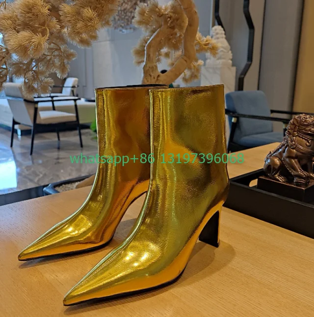 

Lady gold pattern design pointed toe ankle boots white causal daily dress boots sexy black sliver patent runway boots size 43