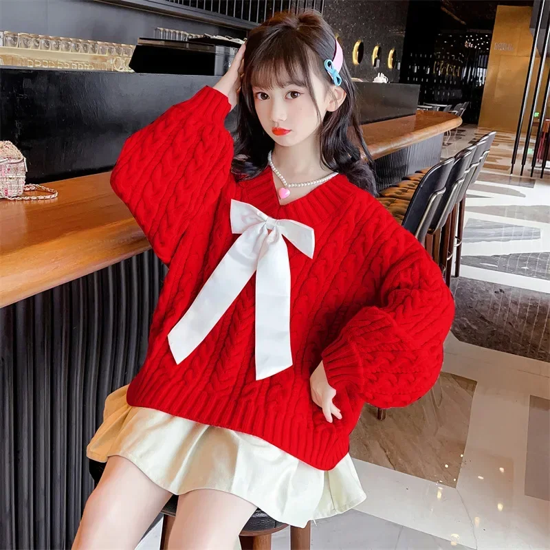 

Korean Autumn Winter Junior Girl Sweaters Elementary Girl Bow V-neck Kintted Top School Girl Thicken Kintwears Pullover Tops