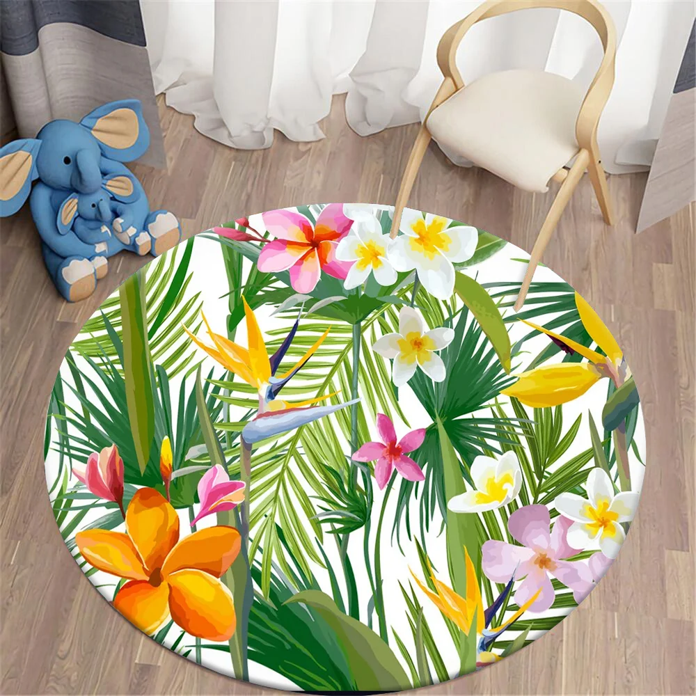 

HX Fashion Round Rug Tropical Plant Leaves Florals Splicing Carpets for Living Room Flannel Area Rug Home Decor Alfombra