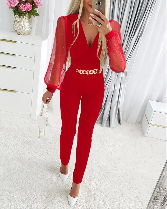 

Jumpsuit Women Spring Fashion Floral PatterrSheer Mesh Patch Chain Decor CasualV-NeckLong Sleeve Skinny Daily Long Jumpsuit