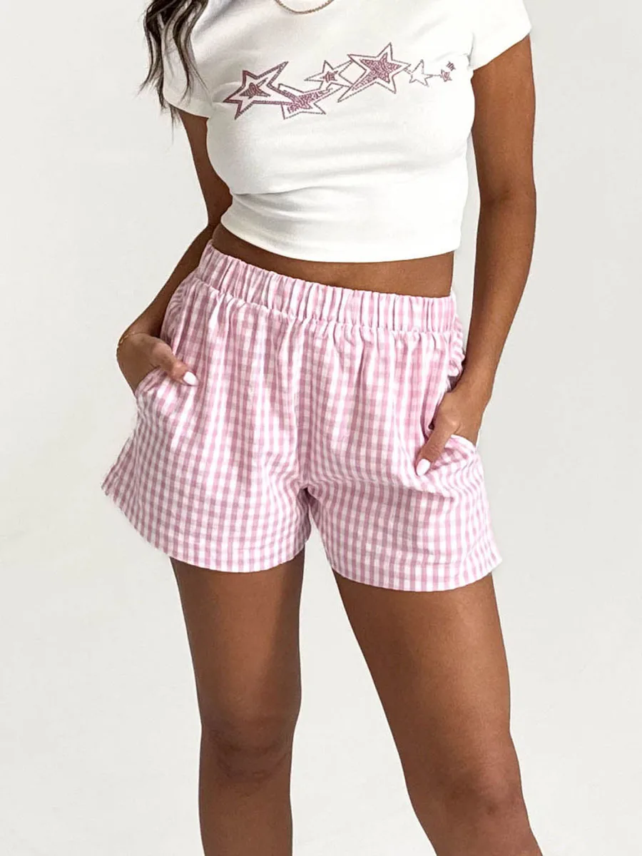 

Women Gingham Boxer Shorts Y2K Elastic Waist Plaid Pajama Bottoms Relaxed Striped Lounge Micro Shorts Cute Sleepwear
