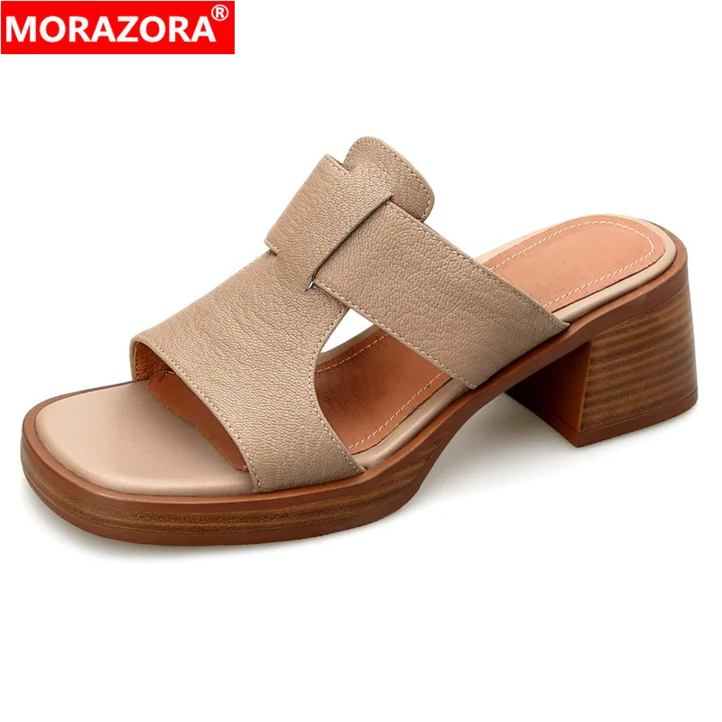 

MORAZORA 2024 New Genuine Leather Shoes Women Slippers Platform Summer High Heels Sandals Ladies Footwear