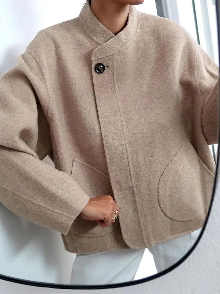 

Женское Короткое шерстяное пальто, элегантное теплое однобортное короткое пальто с длинным рукавом и воротником-стойкой, осень 2023