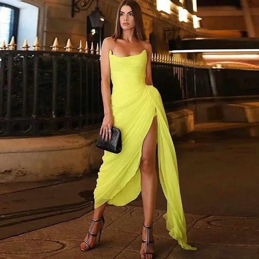 Yellow Thigh High Slit Evening Dresses Strapless Pleat Stretch Chiffon Formal Prom Gowns Sexy Dress
Yellow Thigh High Slit Evening Dresses Strapless Pleat Stretch Chiffon Formal Prom Gowns Sexy Dress