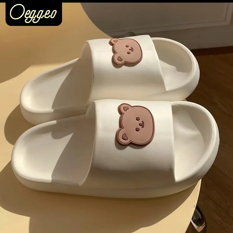 

oeggeo Lovely cartoon women's slippers summer ins girls heart household anti-skid anti-odor shoes lovers thick soles slippers