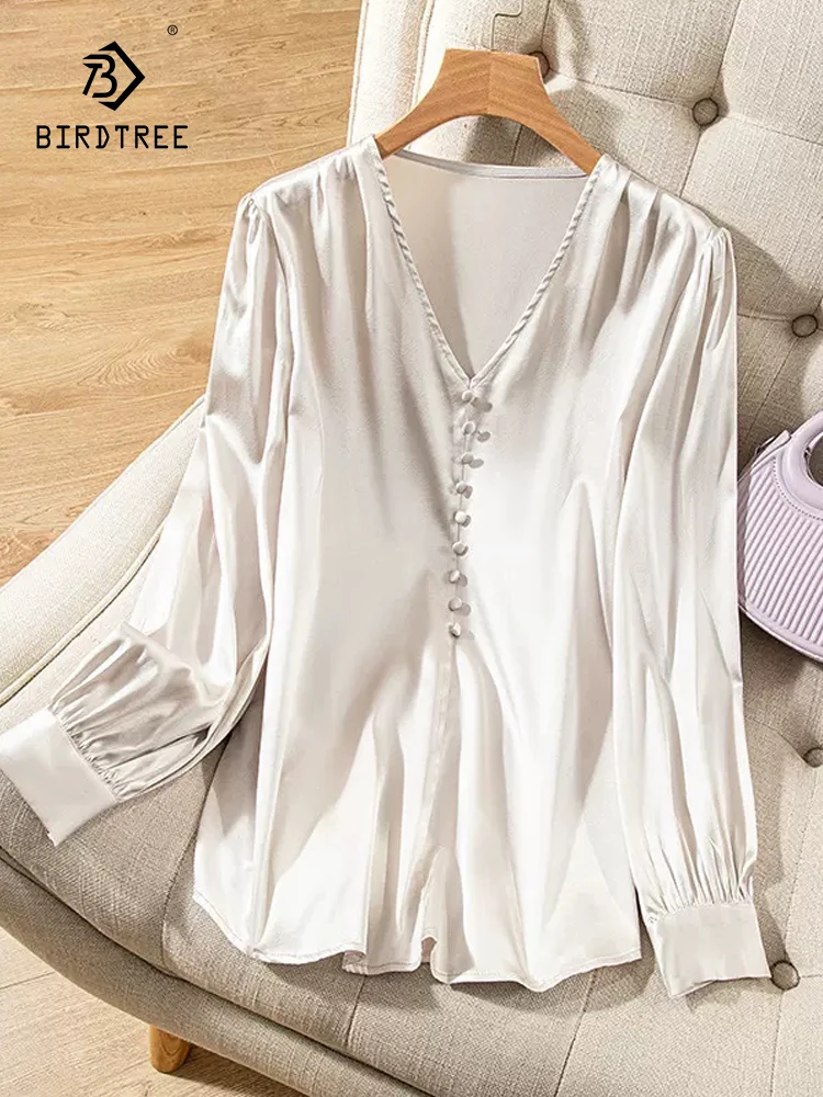 

BirdTree 93%Real Silk Elegant Shirt, Women's V Neck Long Sleeve, French OL Commute Versatile Blouse, 2024 Spring New T42103QC