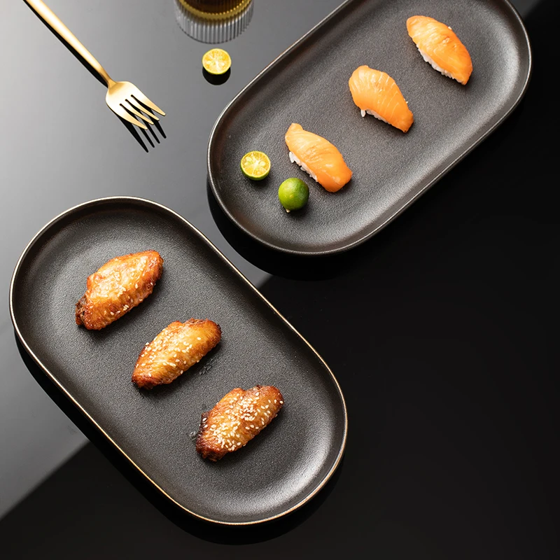 

Черная матовая керамическая овальная тарелка для рыбы, японсветильник Роскошная Бытовая большая тарелка для суши, тарелка для цыплят и крыльев, тарелка в западном стиле