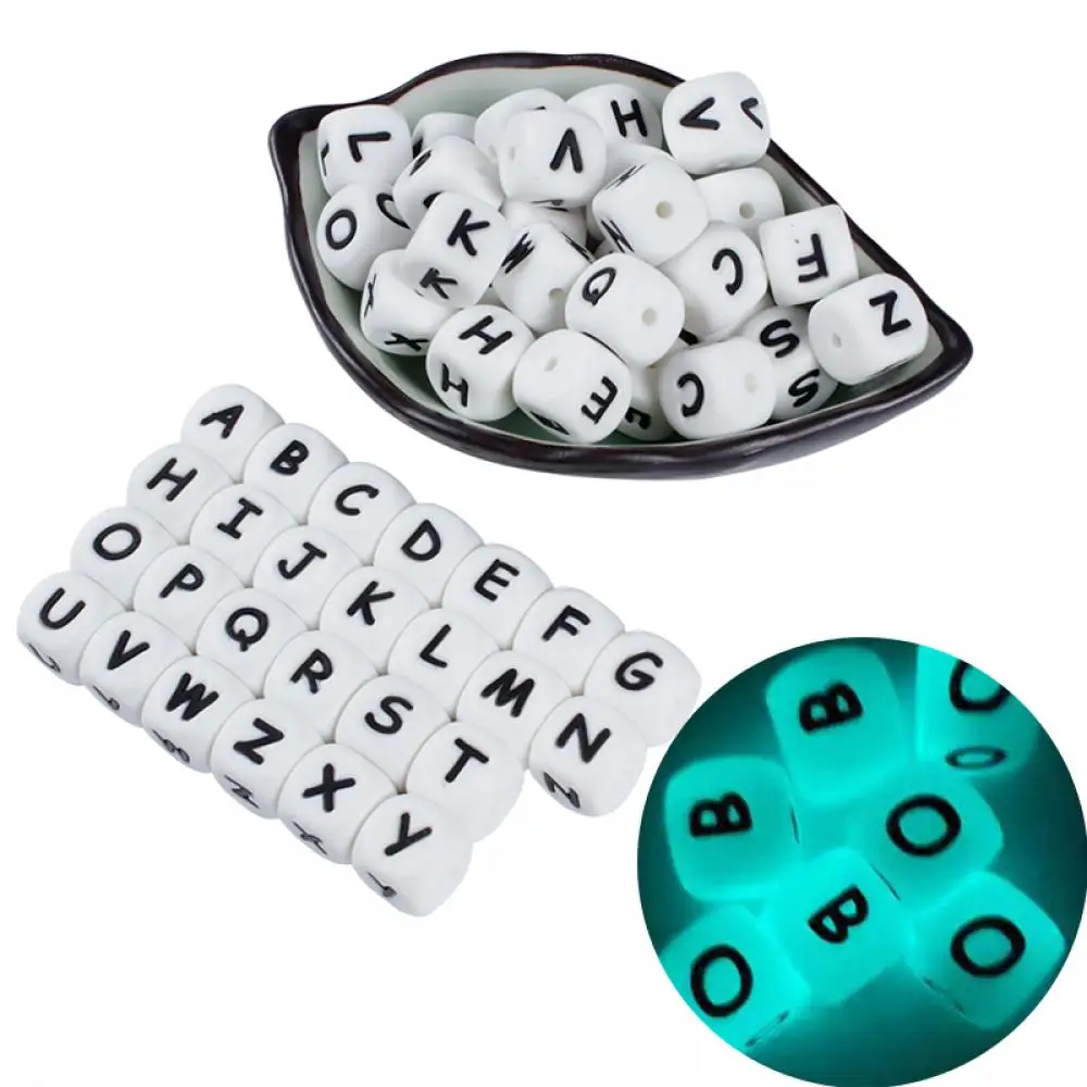 

50Pcs 12mm Glow In the Dark English Alphabet Letter Beads Luminous Silicone Letters Beads for Baby Teething Chew Toy Shower Gift
