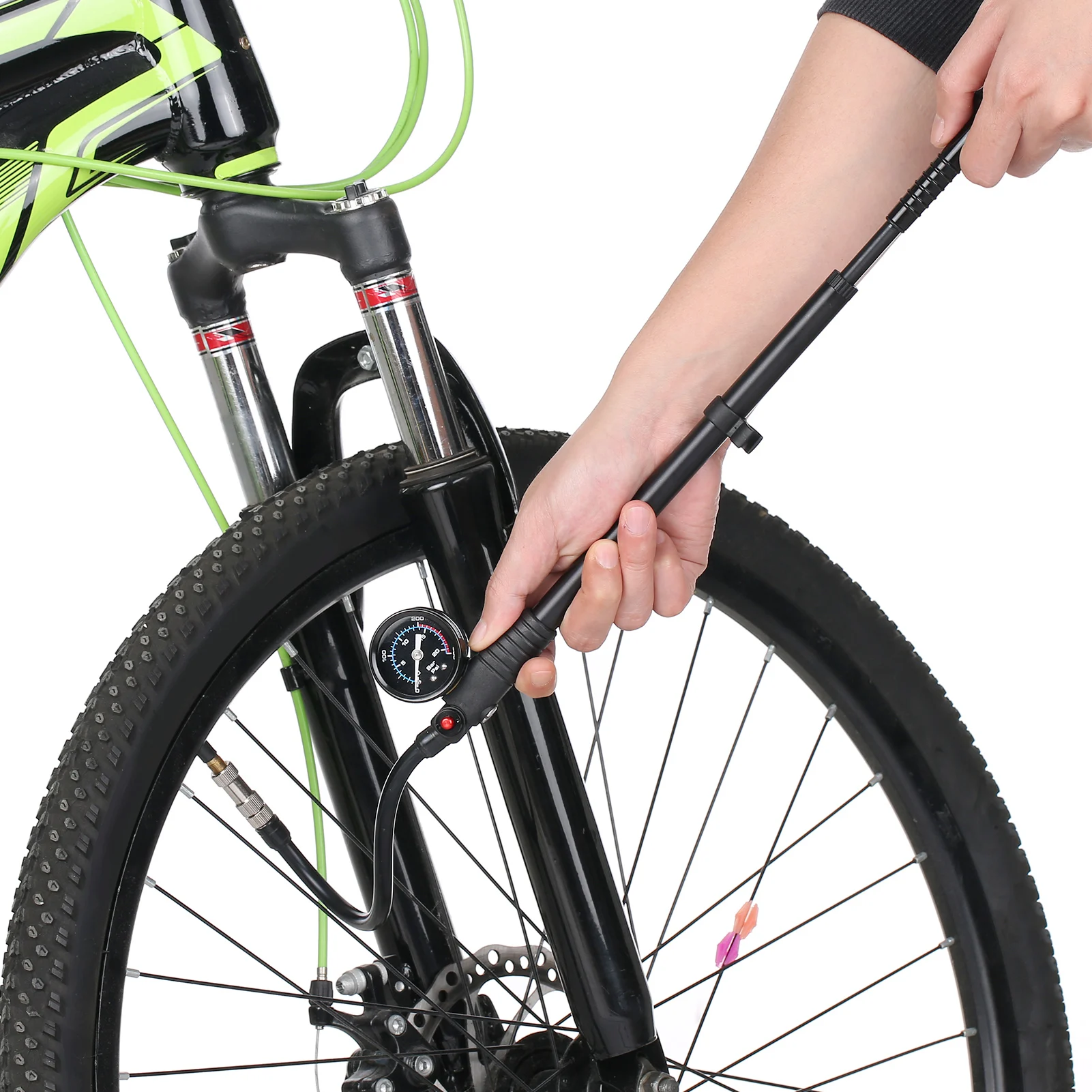 

Амортизационный насос высокого давления 300 PSI, воздушный насос с клапаном Presta Schrader, дорожный велосипедный насос с манометром для передней вилки и задней части велосипеда