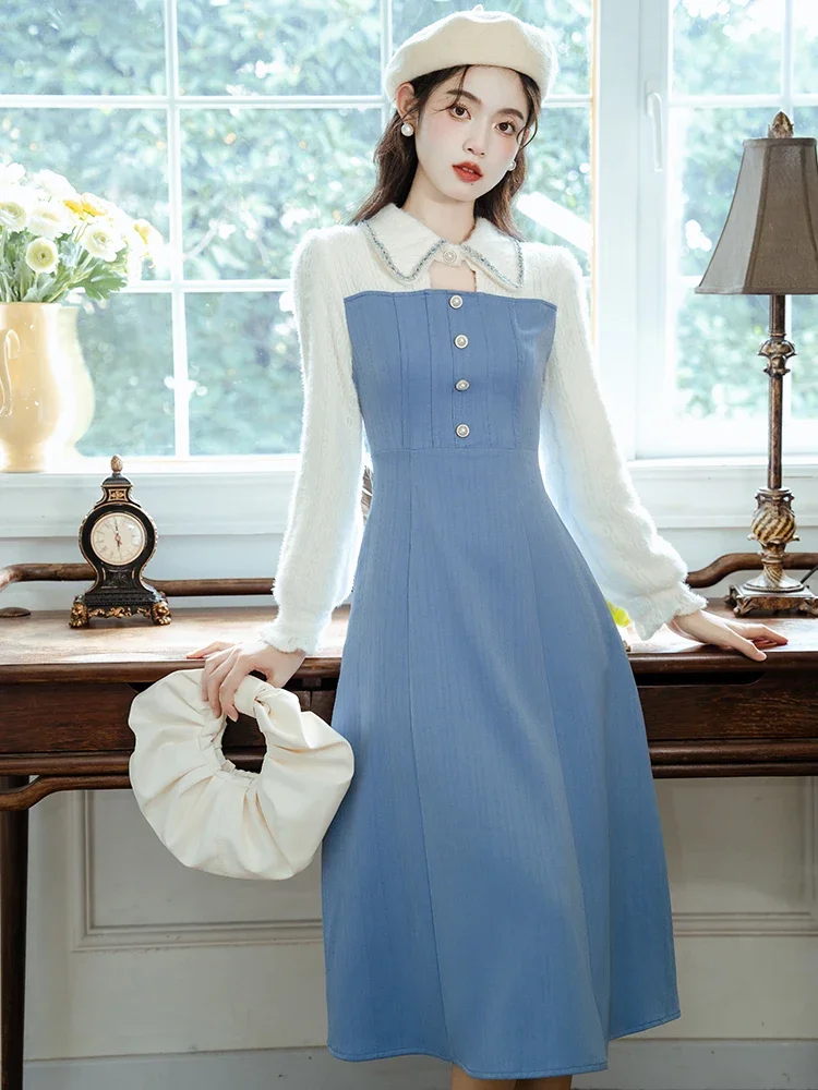 Women's Long Sleeve Blue Dress Gentle Lapel Chic Thick Elegant French Style Casual Dress for Ladies Autumn
Women's Long Sleeve Blue Dress Gentle Lapel Chic Thick Elegant French Style Casual Dress for Ladies Autumn