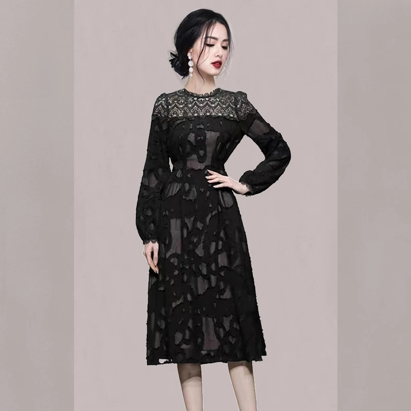 New Autumn Winter Black French Women O Neck Patchwork Jacquard Lace Hollow Out Puff Sleeve Lady Office Dress
New Autumn Winter Black French Women O Neck Patchwork Jacquard Lace Hollow Out Puff Sleeve Lady Office Dress