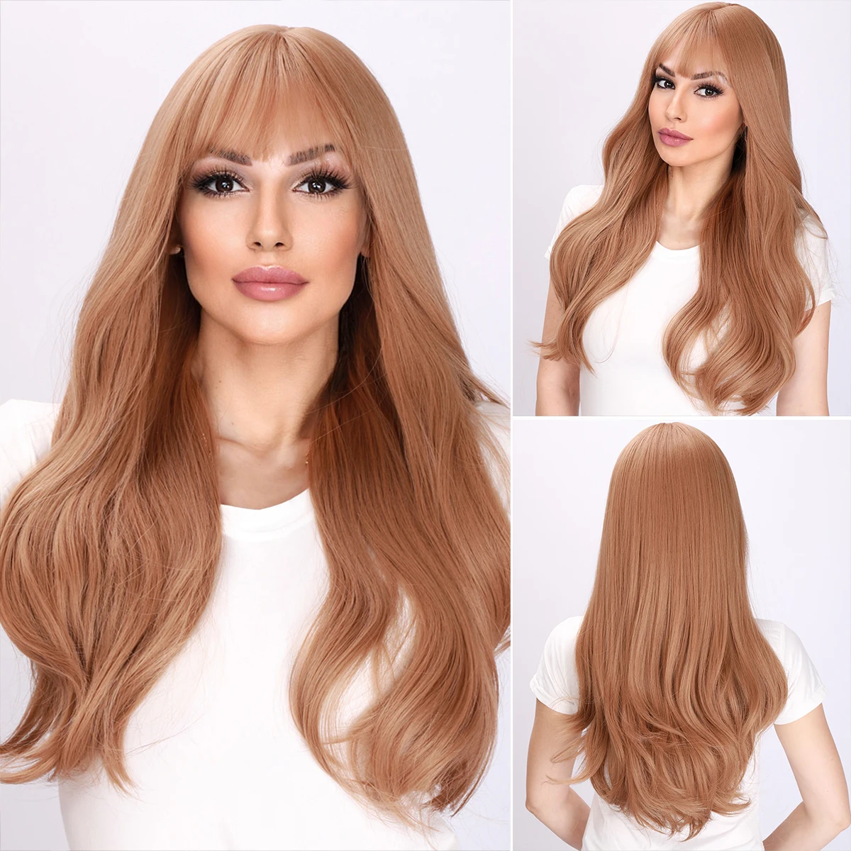 

Smilco Long Curly Synthetic Gloden Blonde Bob Wigs For Women Natural Wavy Wig With Flat Bangs Daily Party Heat Resistant Hair