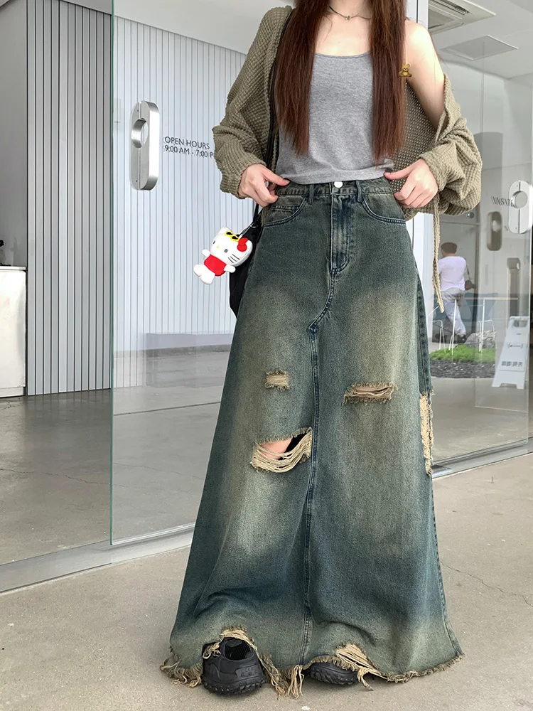 

Slergiri Heavy industry Washed Frayed Hem Ripped Jean Skirt Women Streetwear Y2k Vintage High Waist A-line Denim Long Skirts