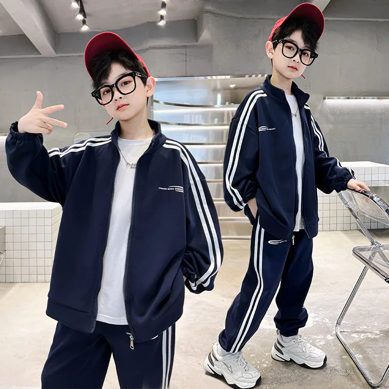 

Spring Autumn Boys Navy Striped Zip Sweatshirt Coats+Sweatpant Sets School Kids Tracksuit Children Outfit Jogging Suit 5-16 Yrs