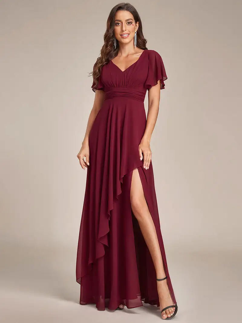 

Elegant Evening Dresses Side Split V Neck Ruched Hidden zipper 2024 Ever pretty of Chiffon A-Line Burgundy Bridesmaid dress