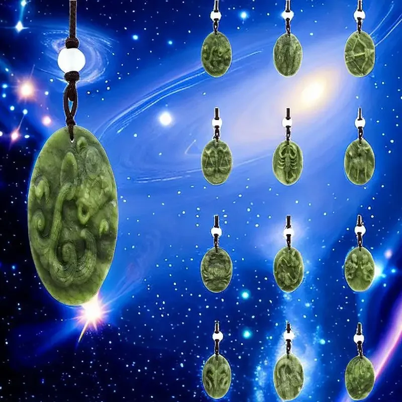 

Jade Zodiac Pendant Necklace Natural Necklaces Talismans Green Stone Carved Amulets Charm Jewelry Chinese Real Fashion Luxury