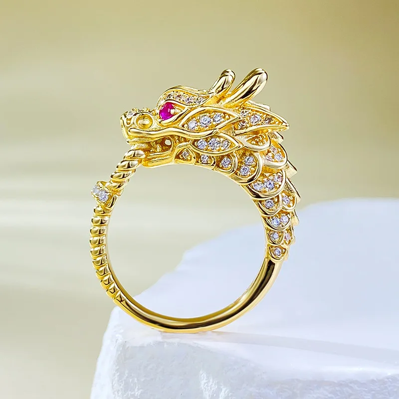 

S925 Silver Plated Gold China-Chic Golden Dragon Dominant Leader Ring Dragon Tiger Spirit Life Year Can Wear Dragon Ring