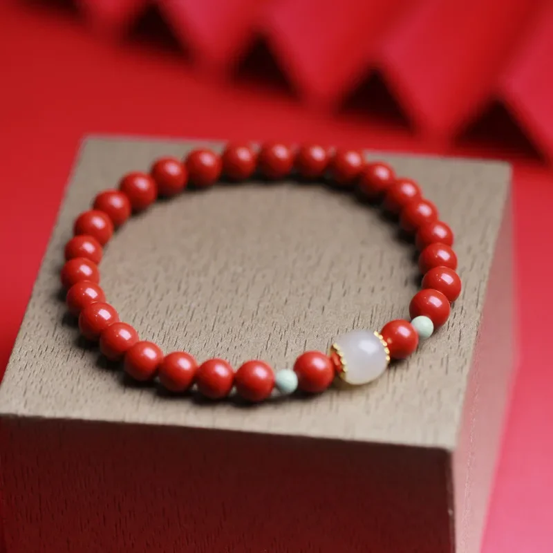

Mencheese Cinnabar Bracelet with Natural Turquoise Hetian Jade Beads Accessories Design Elegant Elegant Male and Female Style