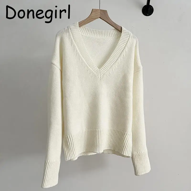 

Donegirl 2023 New Women Spring Autumn Fashion V-neck Solid Knitted Sweater Loose Simple Casual Pullovers Female Tops Chic Jumper