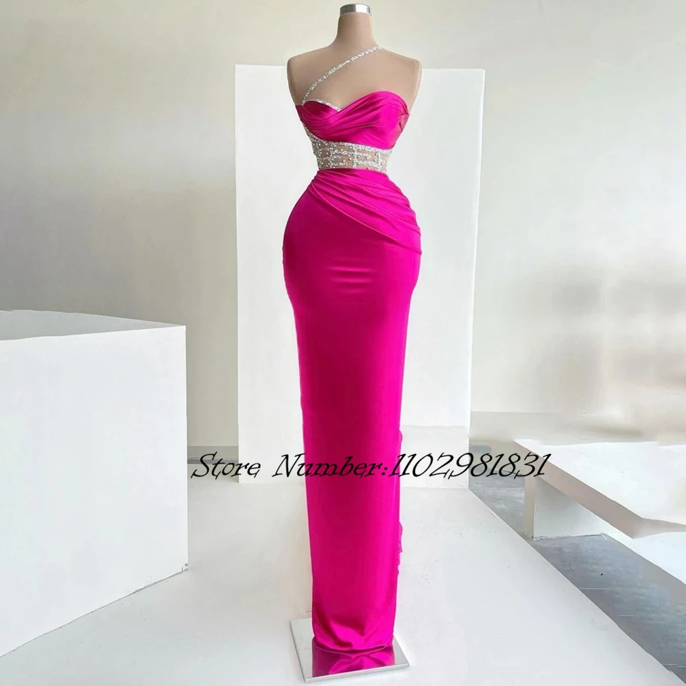 

Fuchsia Satin Evening Dresses Mermaid Beadings One Shoulder Pleats Formal Prom Dress Skinny Celebrity Party Gowns 2024 New