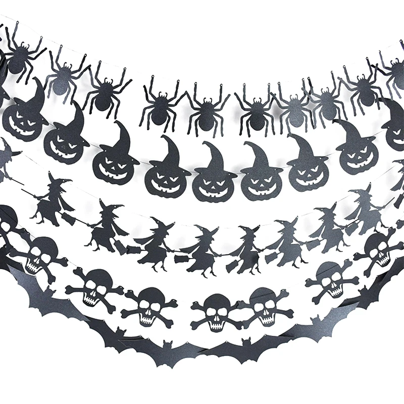 

3m Halloween Black Pumpkin Paper Garland Bunting Bat Spider Witch Skull Banner Flags for Halloween Party Hanging Decoration Prop