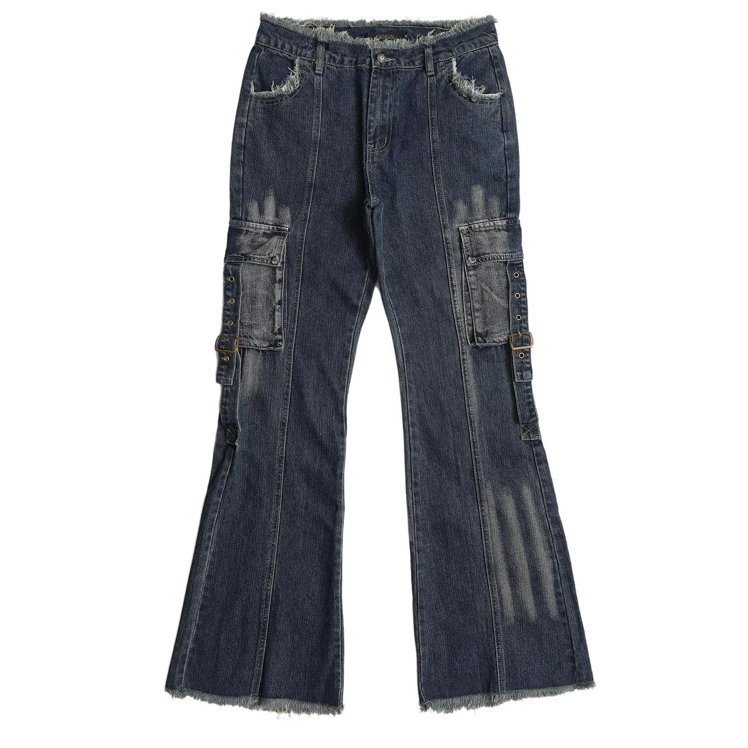 

Graffiti Vintage Retro Raw Edge Slim Fit Flared Jeans Men Hip Hop Clothes Multiple Pockets Washed Wide Legs Straight Pants Denim