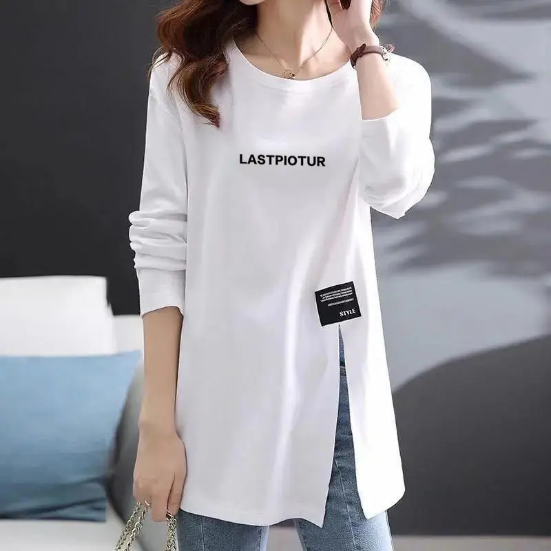 

Spring Autumn New White Print Letter Tops Tees Long Sleeve Split Hem Plus Size Solid Loose T Shirts Casual Fashion Women Clothes