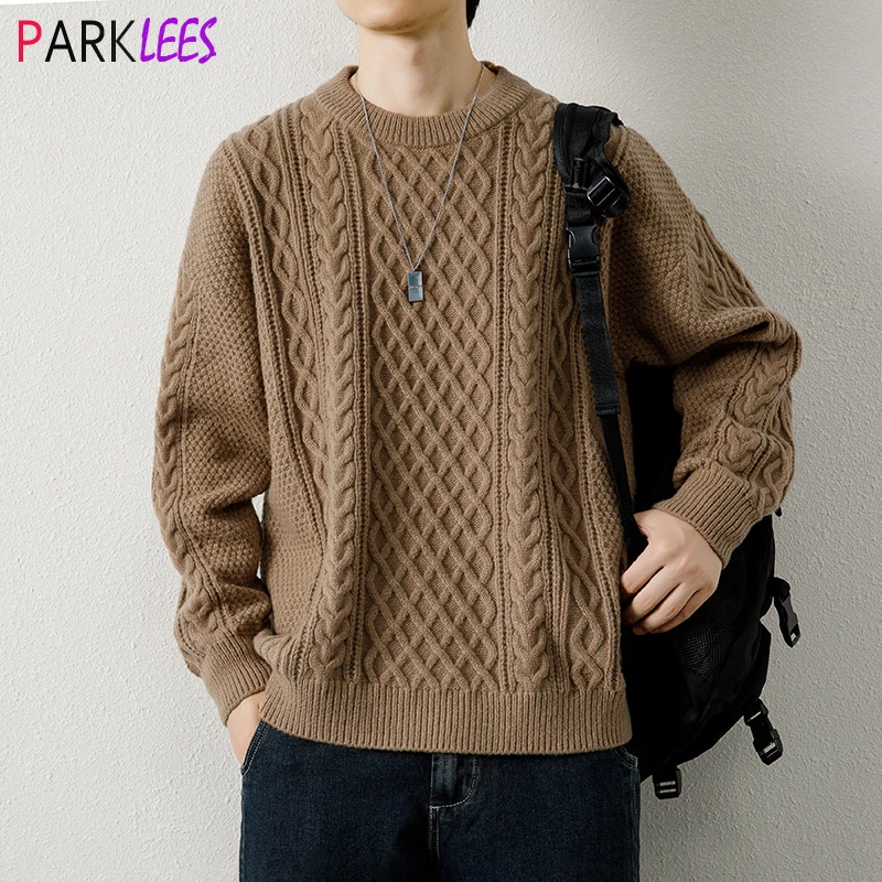 

Mens Crewneck Pullover Sweaters Cable Knitted Chunky Winter Fashion Twisted Sweater Men Youth Long Sleeve Casual Pull Homme 4XL