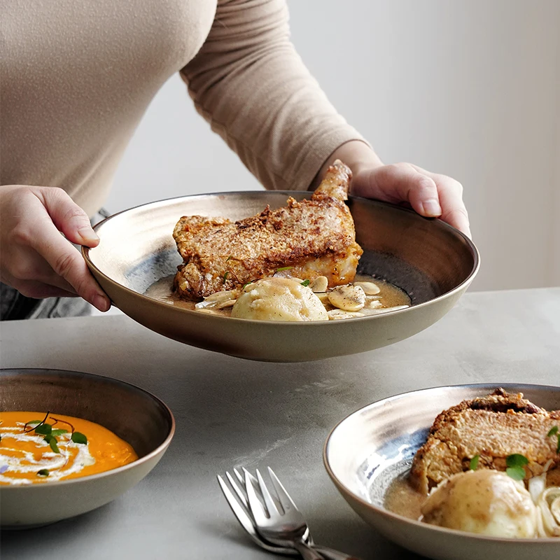 

Круглые тарелки для супа в японском ретро стиле, домашняя тарелка ручной работы, тарелка для ресторана, отеля, Глубокая Тарелка большого размера, тарелка для пасты в западном стиле