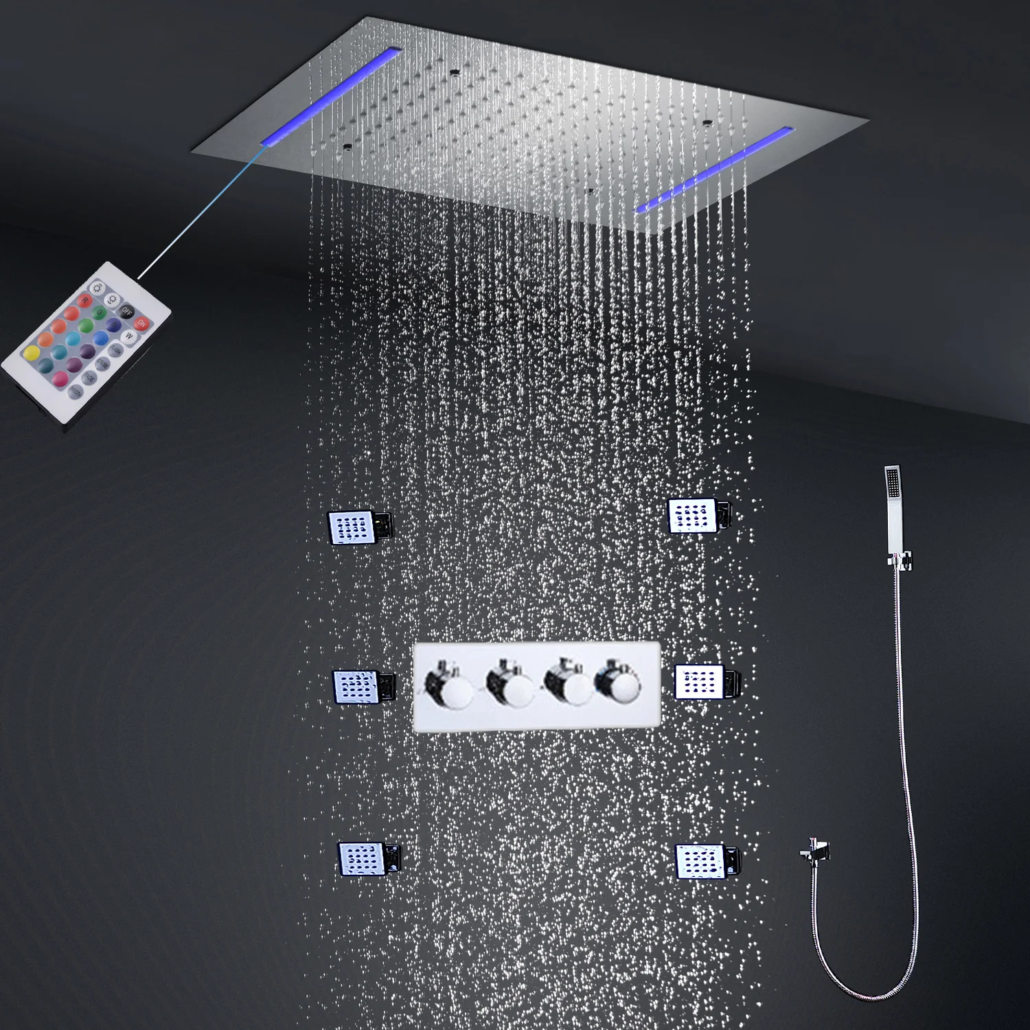 

hm Rainfall LED Shower Set Systems Thermostatic Mixer Bathroom Faucets Brass Concealed Ceiling Rain Showerhead with Body Jets