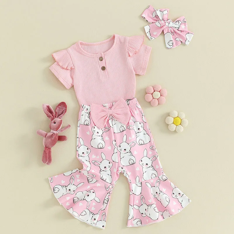 

Baby Girl Easter Set Short Sleeve Ribbed Romper Elastic Waist Flare Pants Rabbit Print Headband Toddler 3 Piece Outfits