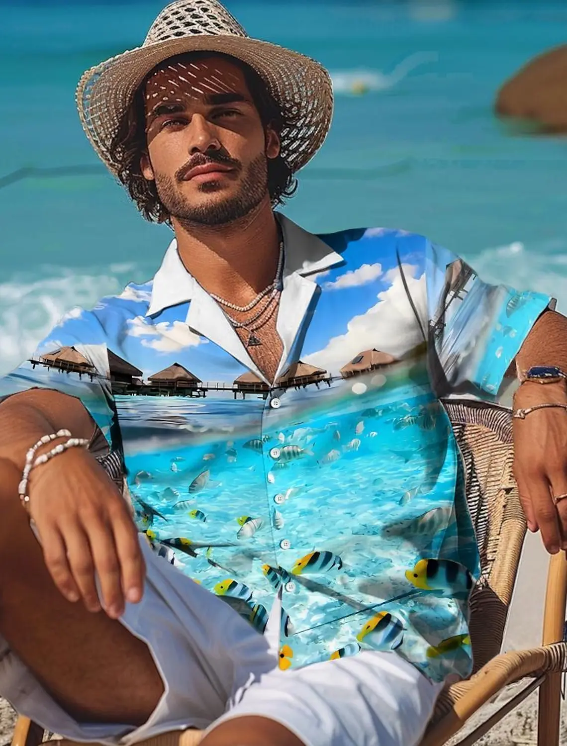 

Nautical Hawaiian Resort Men's Shirt Summer Aloha Shirt Casual Holiday Summer Spring Turndown Short Sleeve Stretch Fabric Shirt