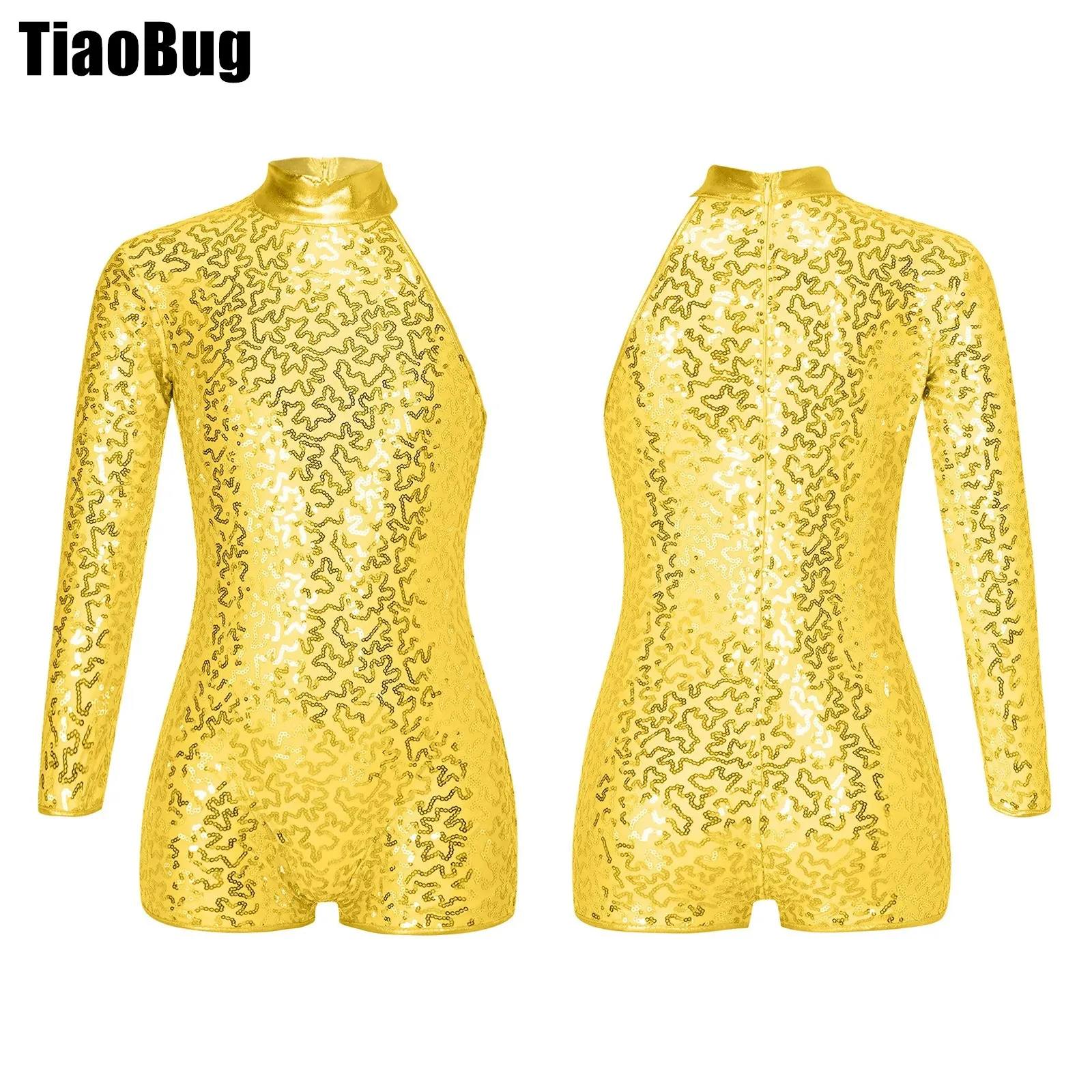 

Kids Girls Sequins Dance Leotards Single Long Sleeve Texture Decorated Invisible Zipper Closure Back Jazz Shiny Jumpsuit
