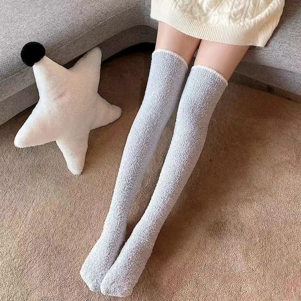 

Solid Color Thickened Coral Fleece Long Socks Thickened Warm Stockings Women High Knee Socks Winter Floor Socks