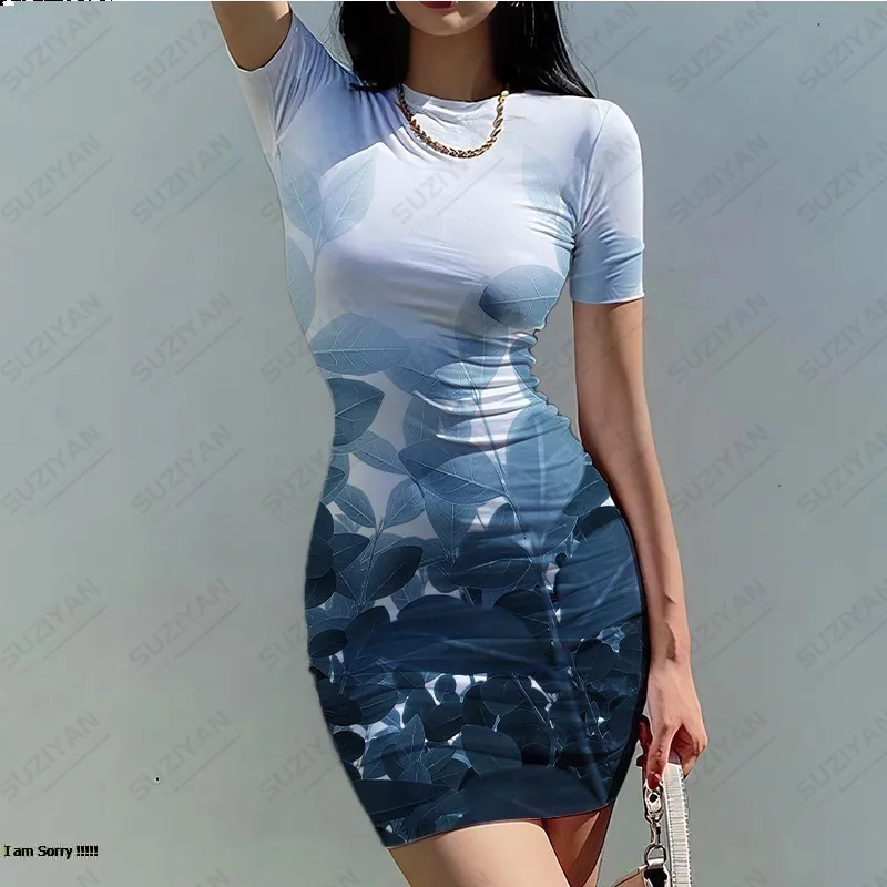 

Summer tight fitting women's short sleeved round neck dress Fashion 3D printed temperament Women's sexy buttocks wrapped dress