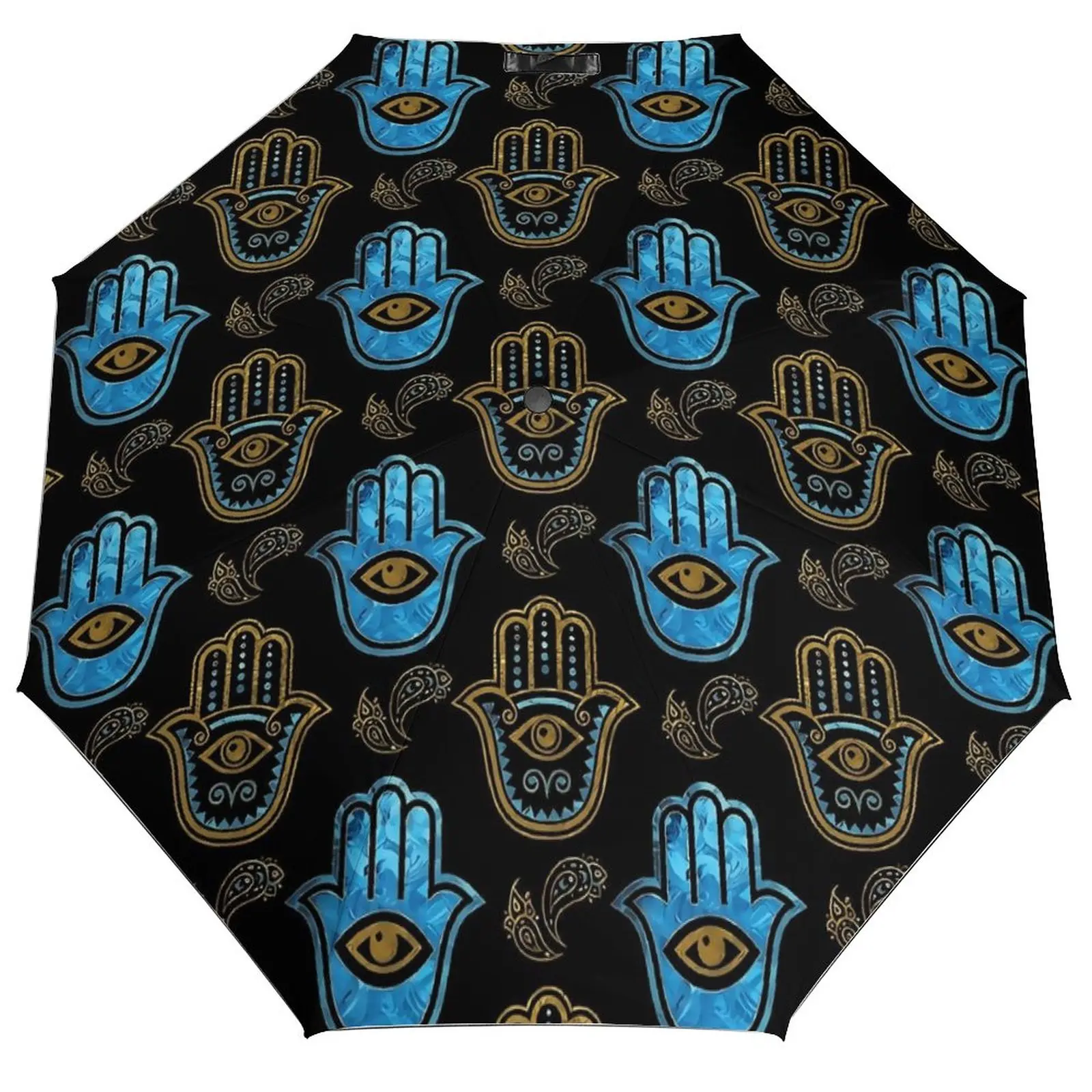 

Hamsa Hand 8 Ribs Auto Umbrella Gold and Blue Ligthweight Umbrella Windproof Carbon Fiber Frame Umbrellas for Male Female