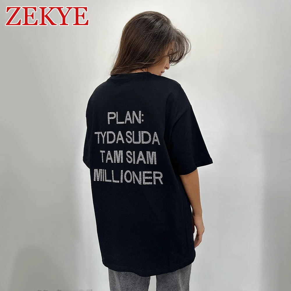 

Zekye Rhinestone Letter Casual Tee Shirt Oversize Bodyfriend Style Korean O Neck Summer T Shirt Women Streetwear Harajuku Tops