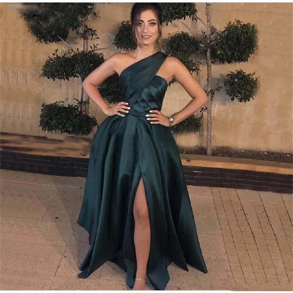 

Elegant Dark Green Women's Evening Dresses Formal Occasion Party Dresses One Shoulder Sexy Side Slit Satin Prom Gowns 2024