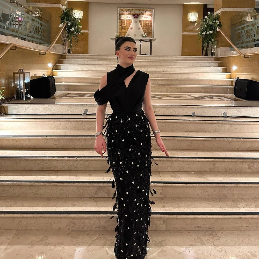 

Saudi Arabia Prom Dress Evening Jersey Feather Beading Pleat Wedding Party Sheath High Collar Bespoke Occasion Gown Long Dresses