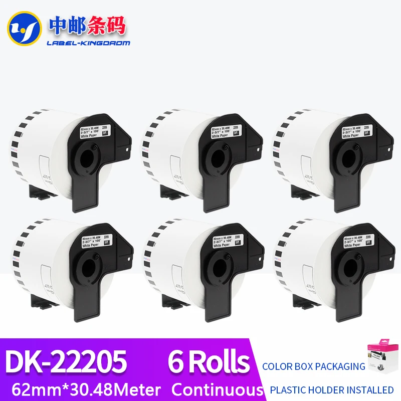 

6 Rolls Compatible DK-22205 Label 62mm*30.48M Continuous For Brother QL-570/700/800/1060/1100 Printer All Include Plastic Holder