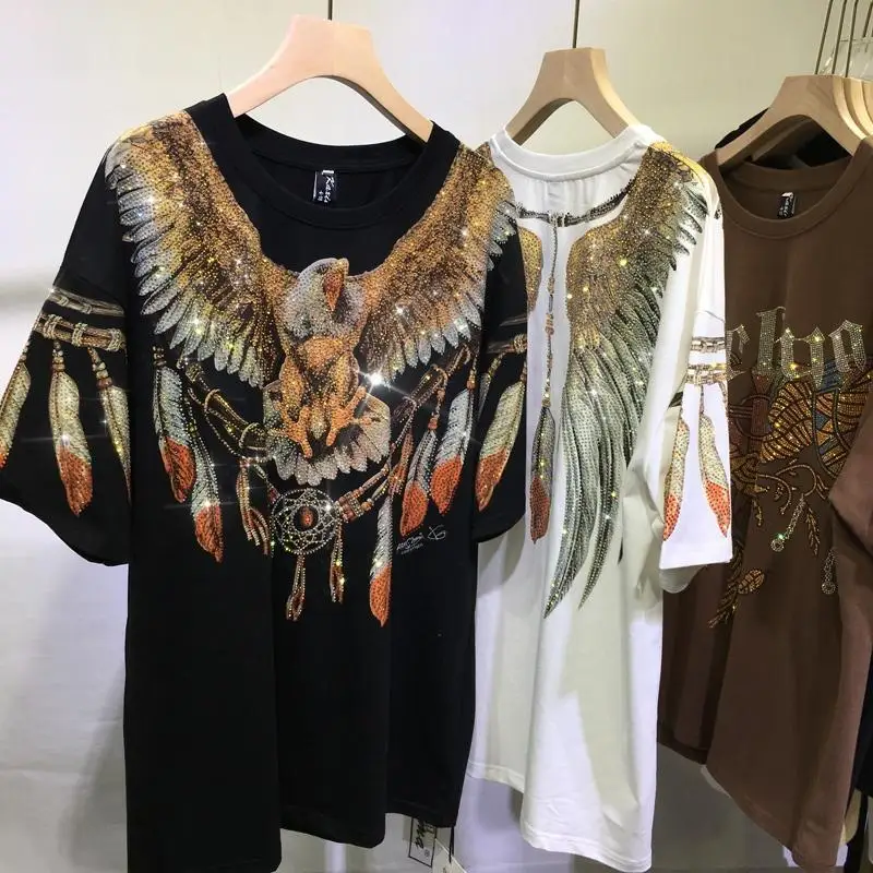 Loose Mid-Length Cartoon Feather Pattern Rhinestone Short-Sleeved Top Summer New Heavy Industry Eagle Wings T-shirt Women
Loose Mid-Length Cartoon Feather Pattern Rhinestone Short-Sleeved Top Summer New Heavy Industry Eagle Wings T-shirt Women