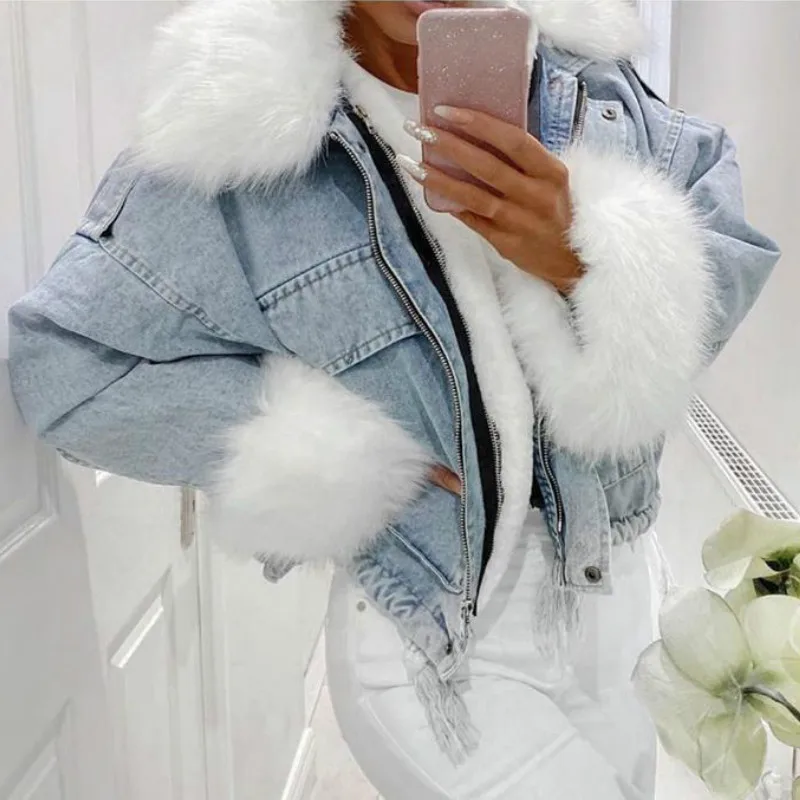 

Vintage Woman Jacket Navidad Blue Black Jacket for Women Oversized Faux Fur Thick Warm Parkas with Fur Tassels Slim Coats Winter